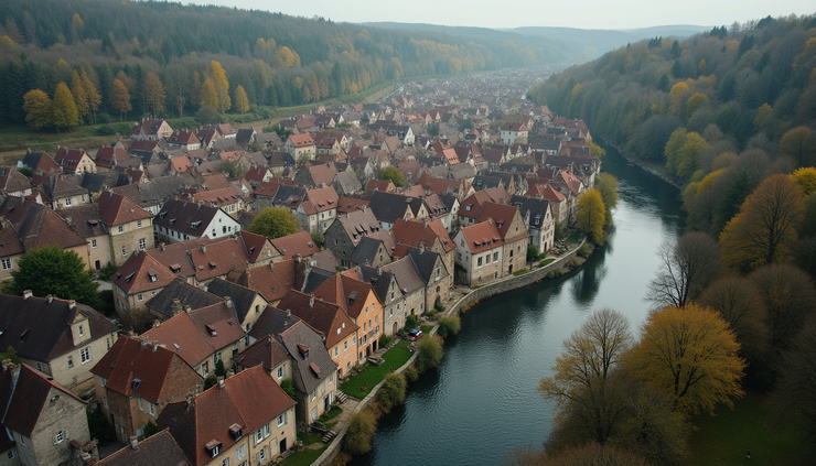 Luchtfoto van een middeleeuws dorp met kasseienstraatjes en een rivier die erlangs stroomt