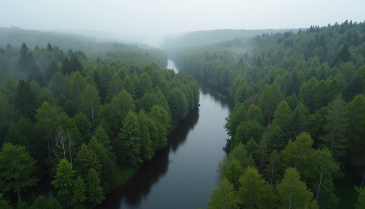 Luchtfoto van een bosrijk gebied in de Ardennen met een rivier die door het landschap stroomt