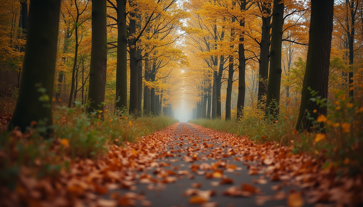 Uitzicht op een rustig wandelpad met herfstbladeren in de Ardennen