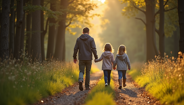 Middenhoekfoto van een gezin dat samen wandelt op een bospaadje in de Ardennen