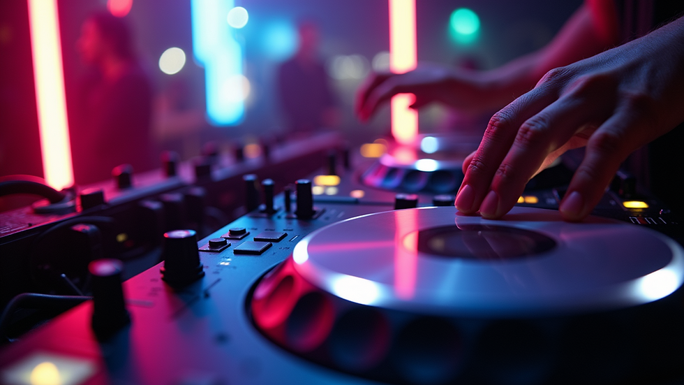 Eye-level view of a DJ setup with colorful lights