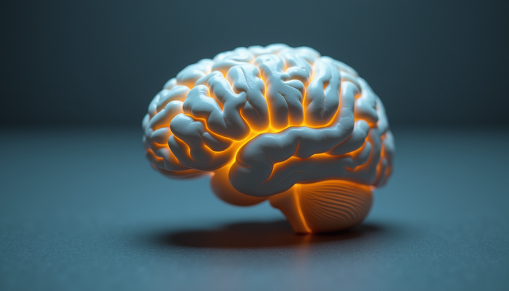 Eye-level view of a brain model highlighting the prefrontal cortex