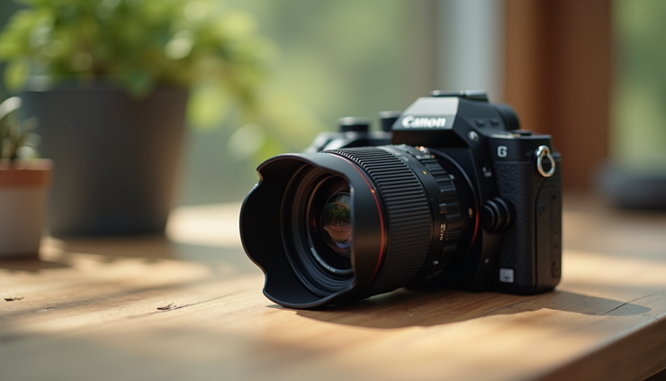 Eye-level view of a compact DSLR camera on a wooden table