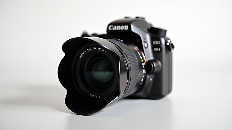 Close-up view of a DSLR camera lens on a white background