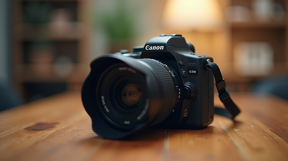 Close-up view of a DSLR camera body on a wooden table