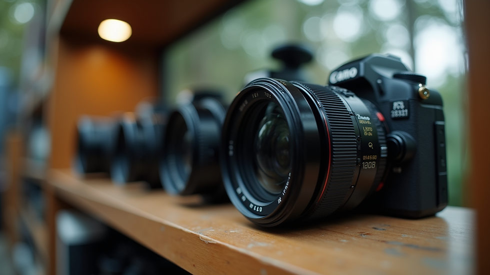Eye-level view of camera lens on a shelf