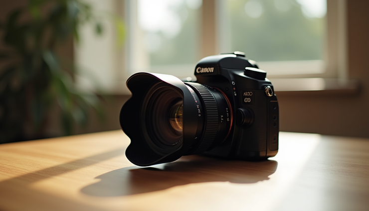 Eye-level view of a DSLR camera on a wooden table with a blurred background
