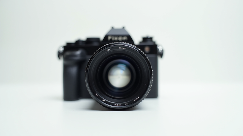 Eye-level view of a camera lens on a white background