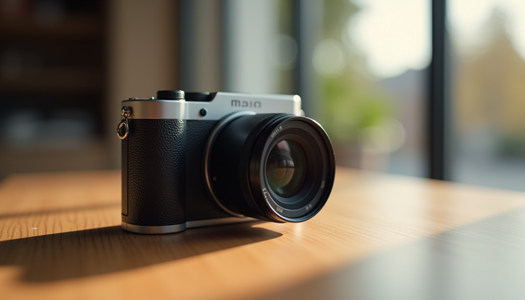 Eye-level view of a compact mirrorless camera on a wooden table