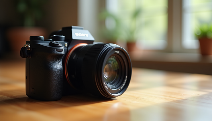 Eye-level view of a used Sony mirrorless camera on a wooden table