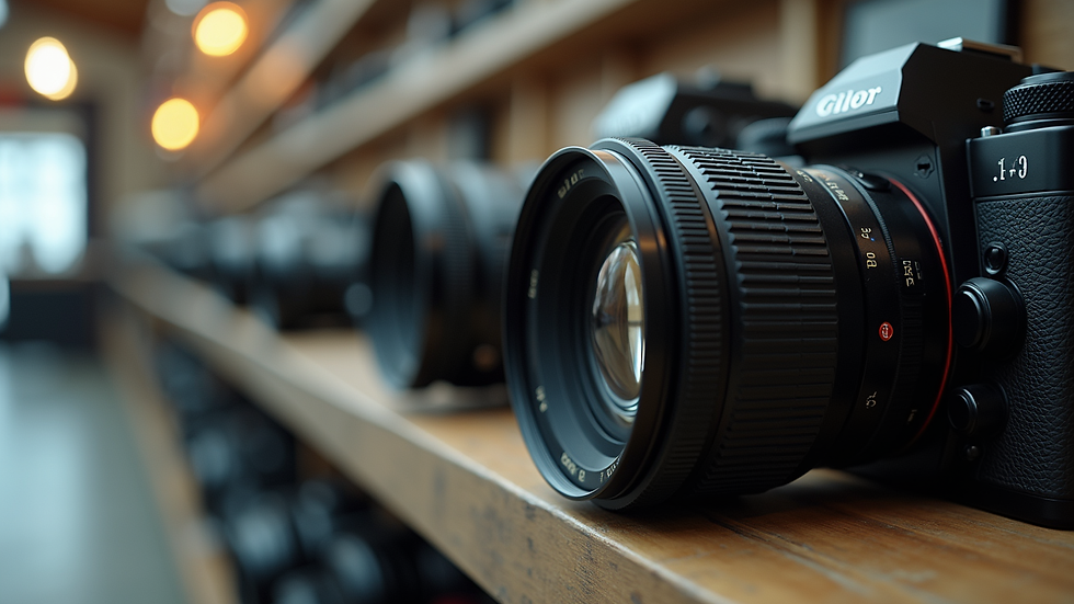 Eye-level view of a camera shop display with used cameras and lenses