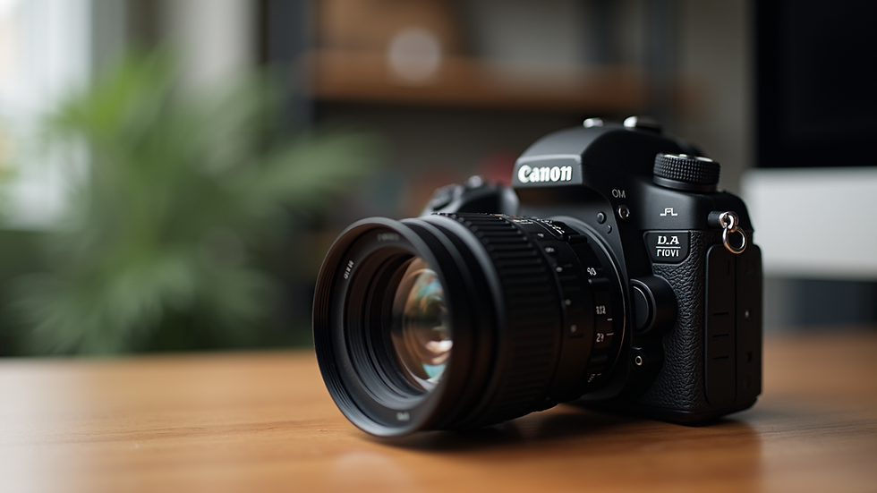 Close-up view of a DSLR camera with lens on a wooden table