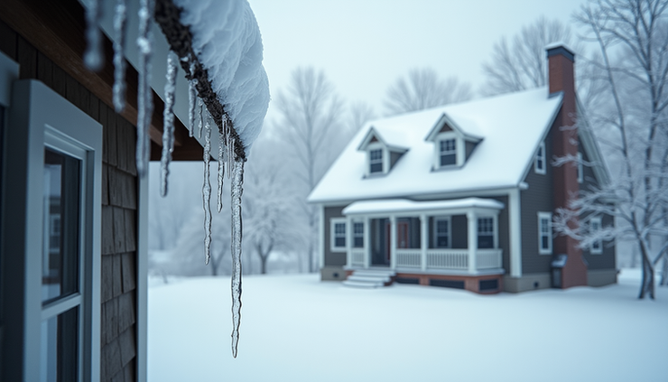 Eye-level view of snow-covered New England house with icicles hanging from the roof