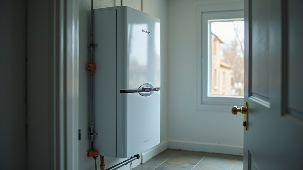 Eye-level view of a compact Navien boiler mounted in a utility room