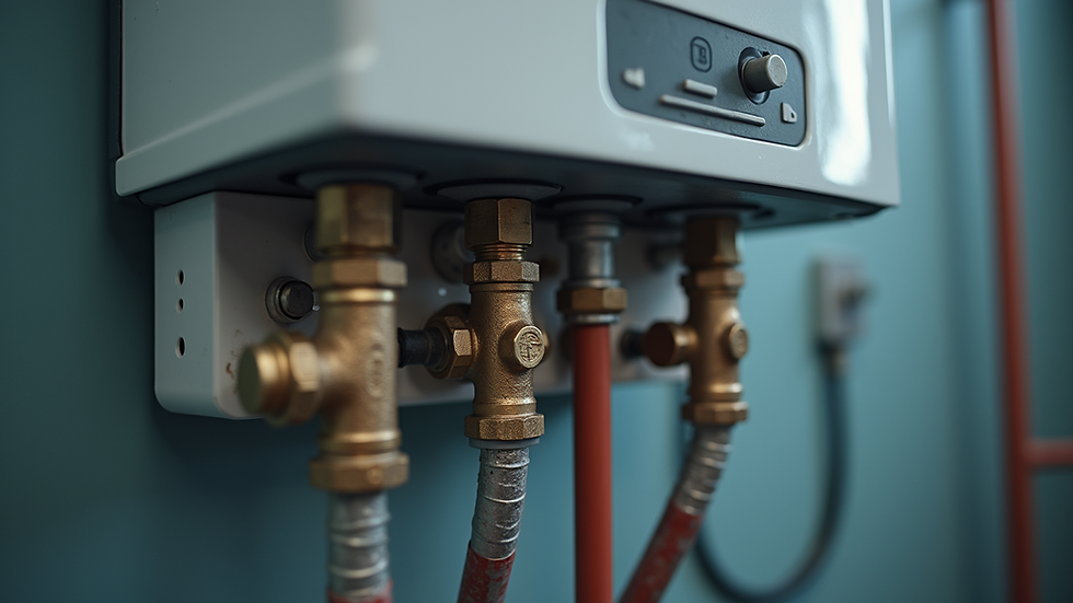 Close-up view of plumbing connections on a tankless water heater