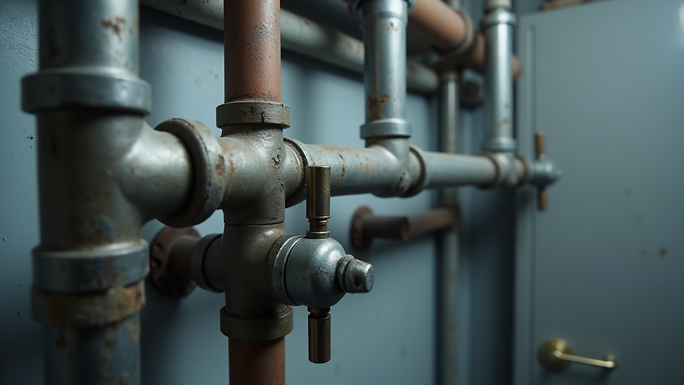 Close-up view of steel gas pipes connected in a home utility room