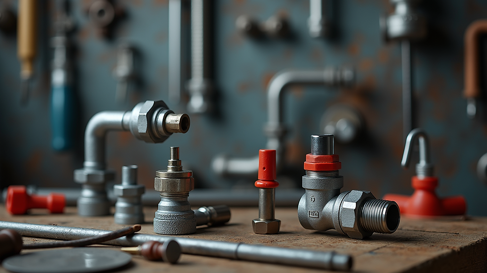 Eye-level view of plumbing tools and pipe fittings on a workbench