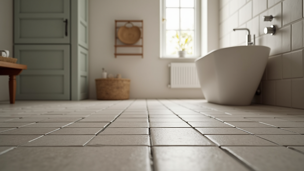 Eye-level view of modern bathroom with radiant heated tile floor