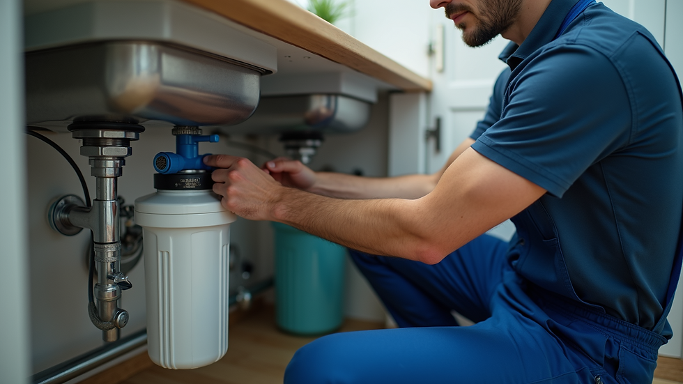 High angle view of a plumber installing a water filtration system under a sink