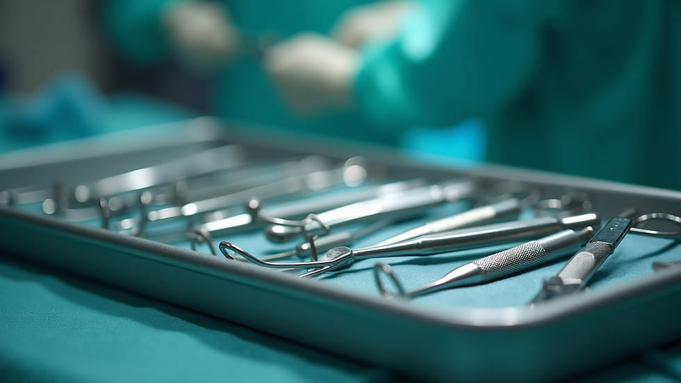 Eye-level view of a surgical instrument tray with various tools