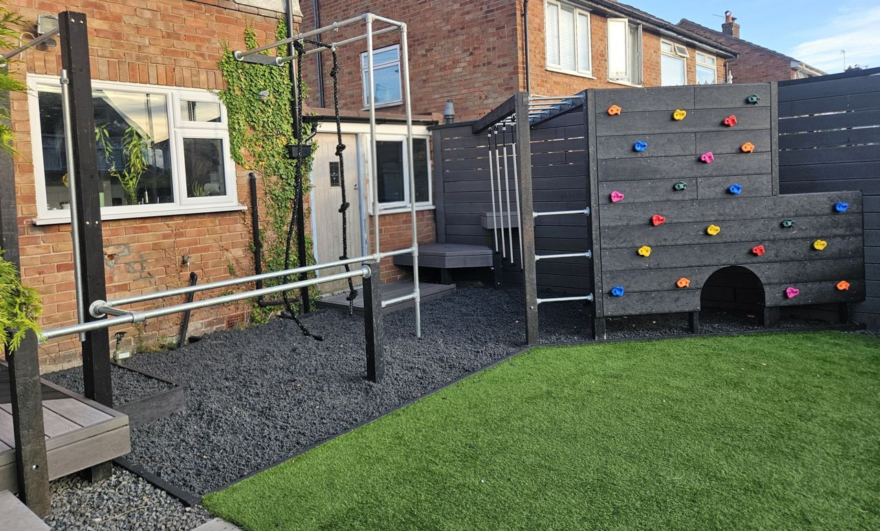 Bespoke calisthenics garden gym with climbing wall, rig and artificial lawn, Liverpool