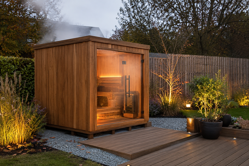 A garden sauna base raising the cabin clear of the ground in a UK garden.