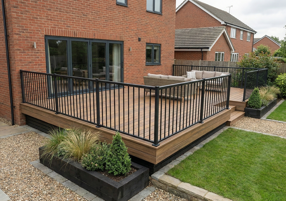 Example of low-maintenance composite decking boards in a UK garden setting