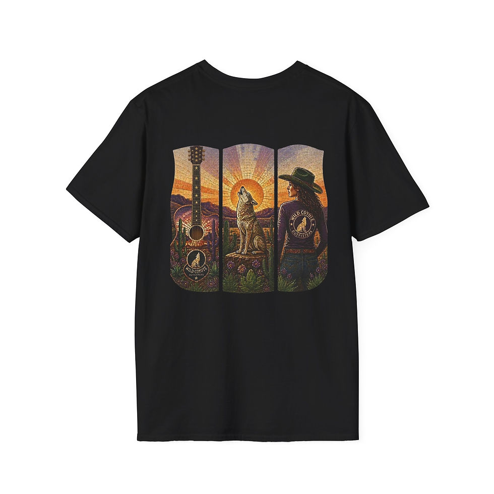 Thumbnail: Coyote Outfitters Mosaic Trio T-Shirt — Guitar, Coyote & Cowgirl Design