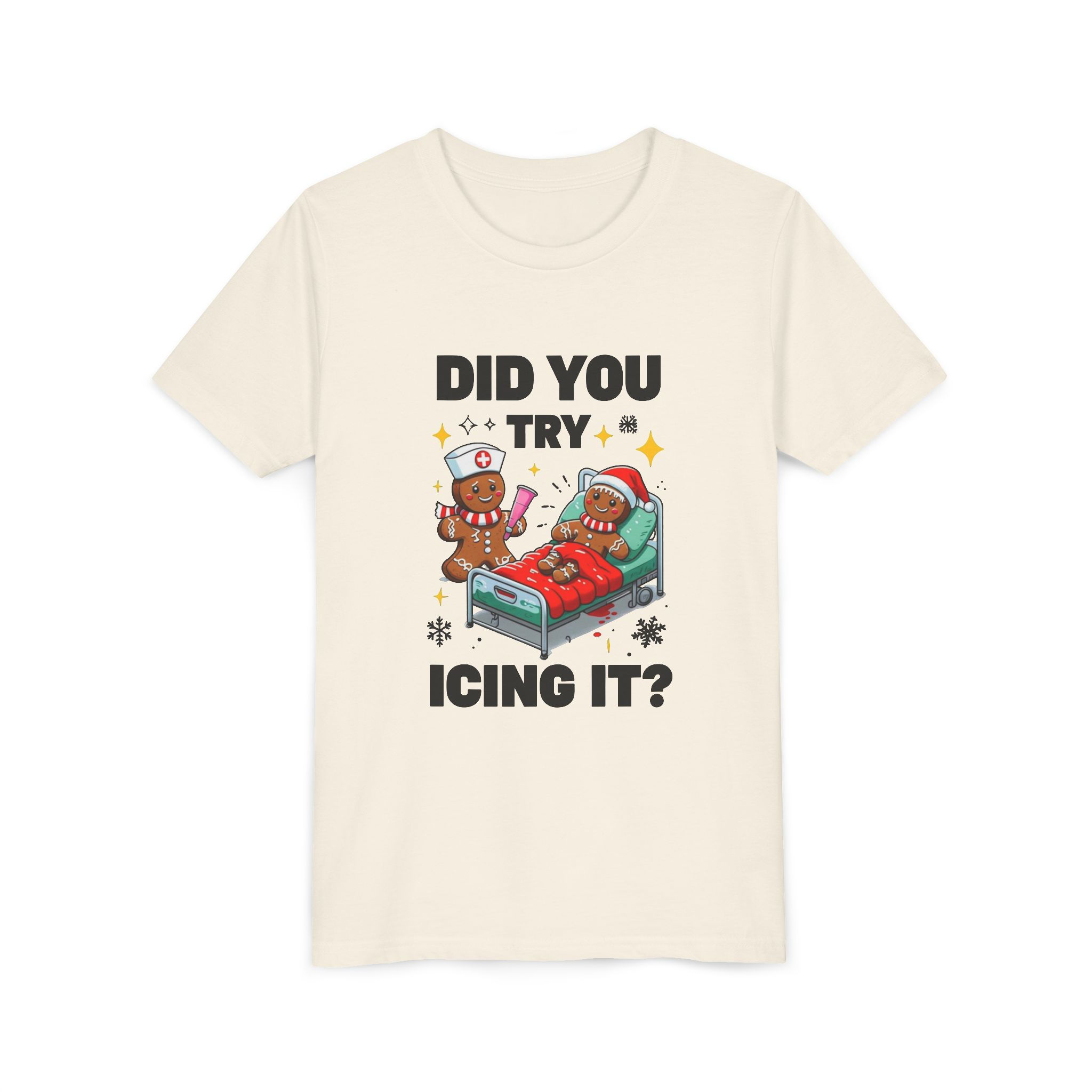 Youth Tee — "Did You Try Icing It?" Funny Christmas Gingerbread Nurse Design