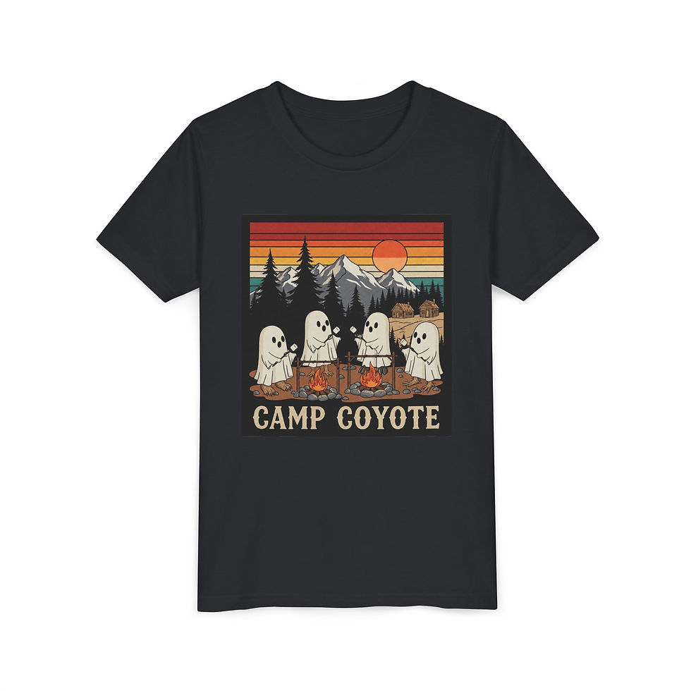 Thumbnail: Youth Tee — 'Camp Coyote' Cute Ghost Camping Graphic