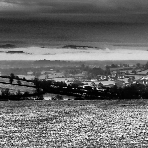 Monochrome photograph of winter mists in South Somerset looking south.
EXCELLENT RESOLUTION TO 69x30CM