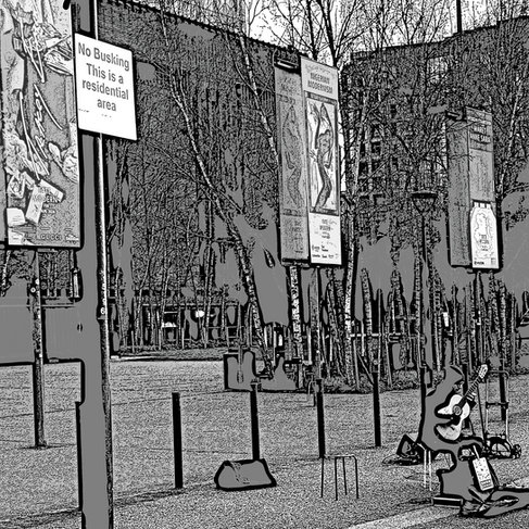 Stylised monochrome digital artwork depicting a busker under the 'No Busking' sign outside the Tate Modern in London.
EXCELLENT RESOLUTION TO 80x80CM