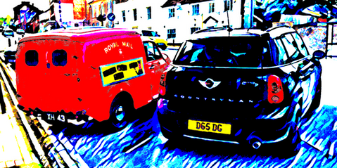 Pop art style digital artwork depicting a classic Morris Minor Royal Mail van and Mini Countryman.
EXCELLENT RESOLUTION TO 1000x50CM