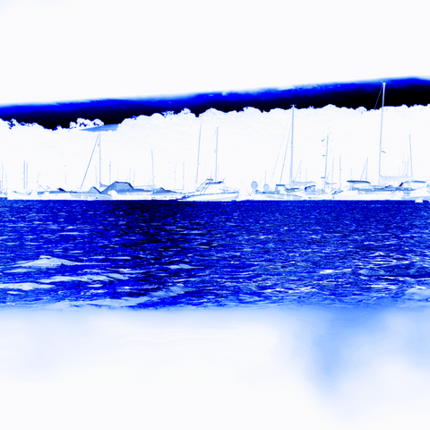Abstracted and stylised blue and white depiction of boats on a river.
EXCELLENT RESOLUTION TO 93x70CM