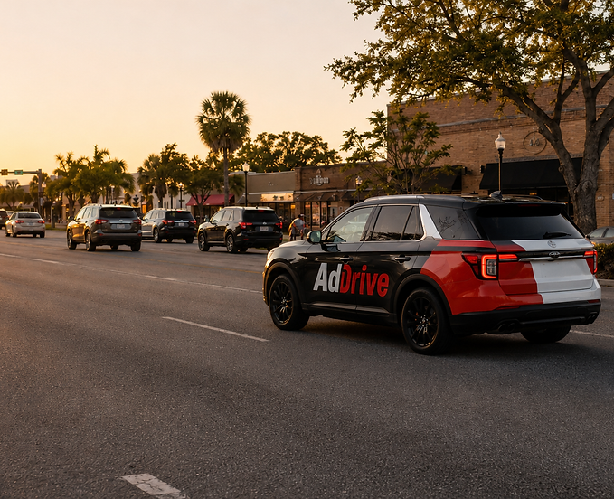 AdDrive wrapped SUV driving through a busy commercial street at sunset.