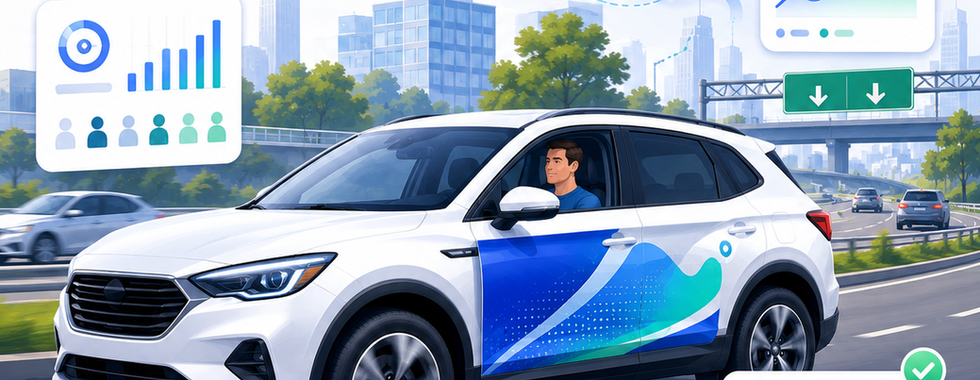 Driver in wrapped vehicle on highway with audience and performance graphics around the car