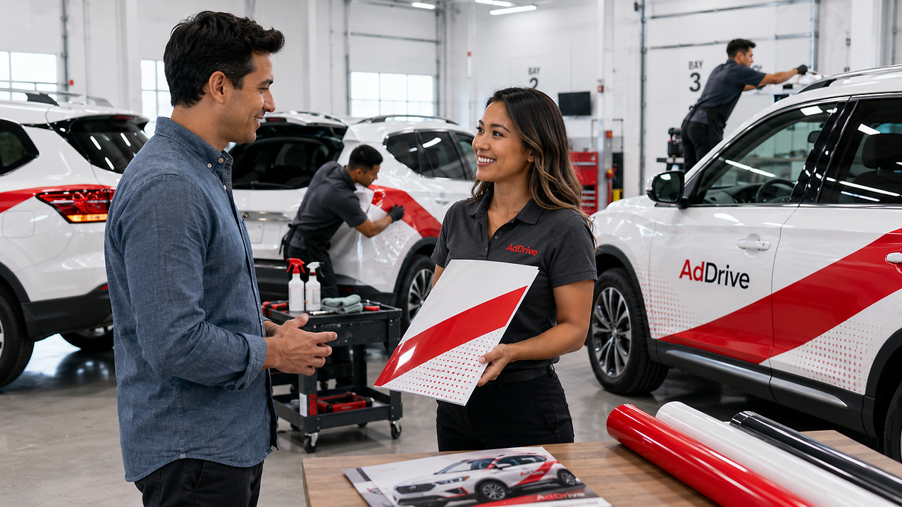 AdDrive representative speaking with driver while holding vehicle wrap material in an installation shop