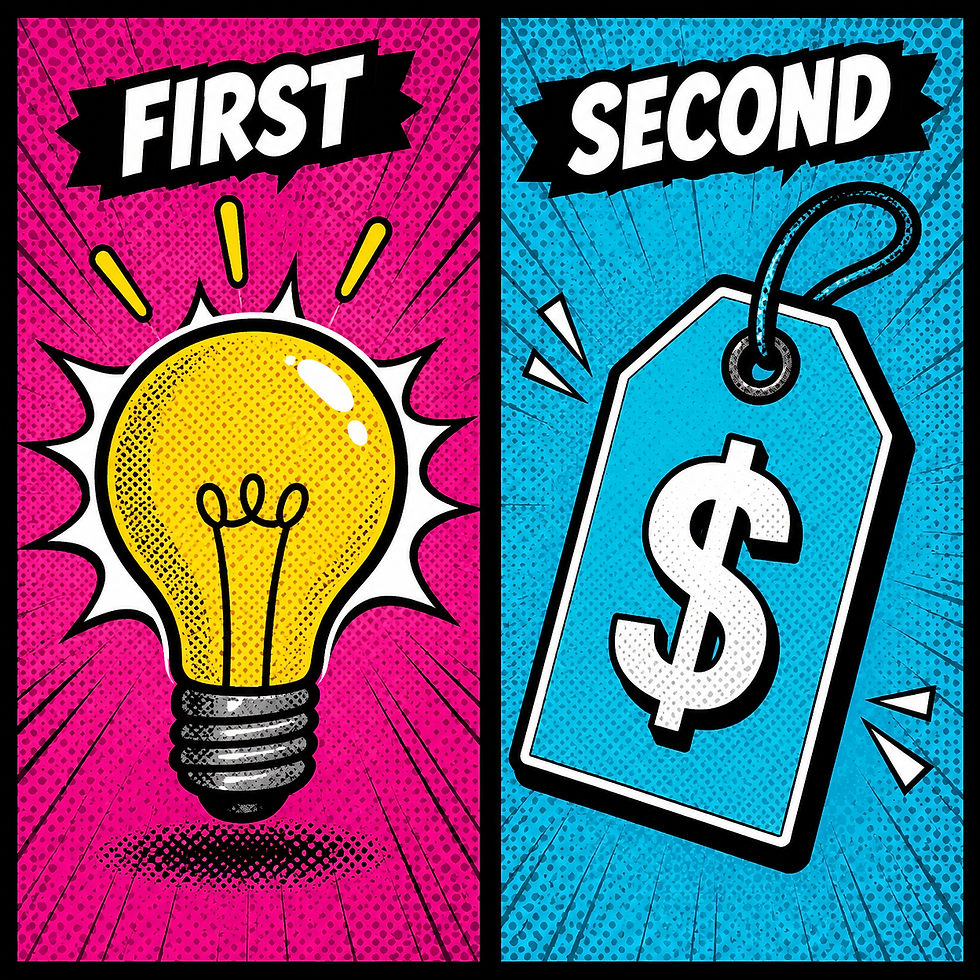 Comic-book style two-panel graphic with halftone textures. Left magenta panel labeled "FIRST" features a glowing yellow lightbulb. Right cyan panel labeled "SECOND" features a dollar-sign price tag, visually representing "Teach First. Sell Second."