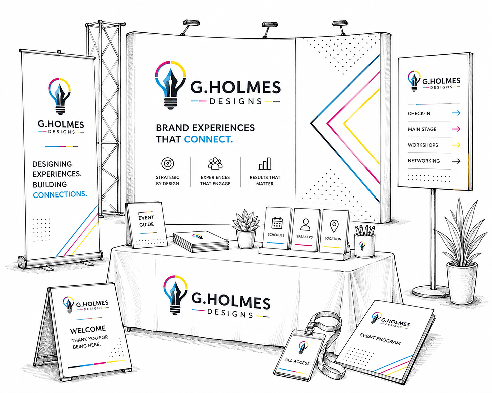 Event and experiential design collateral including registration graphics, badges, and directional signage