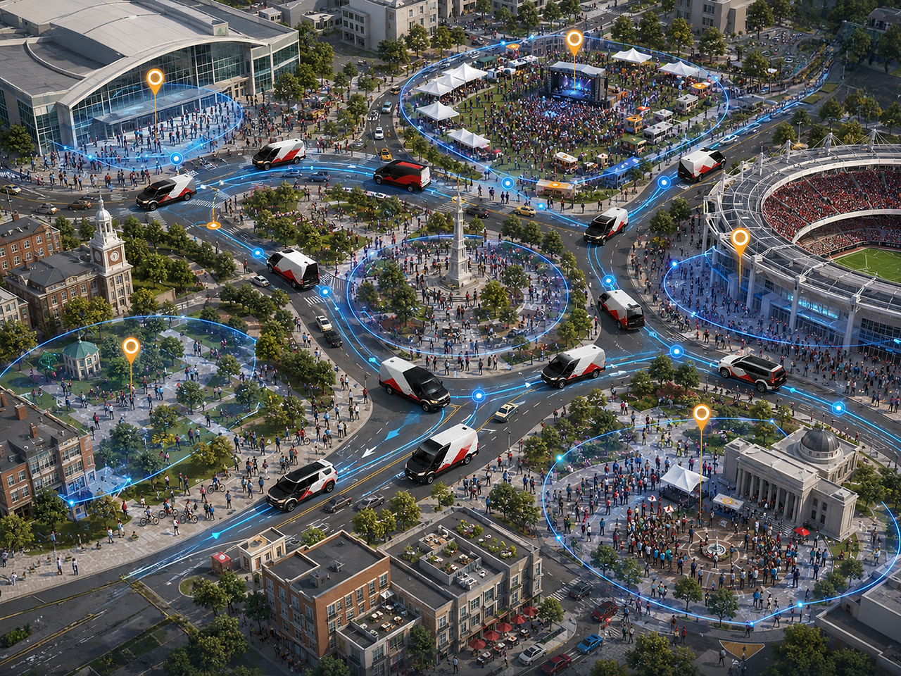 Illustrated city event scene with branded vehicles traveling through highlighted advertising zones