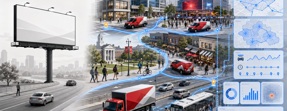 Illustrated city scene showing vehicle advertising routes, billboard space, and campaign analytics
