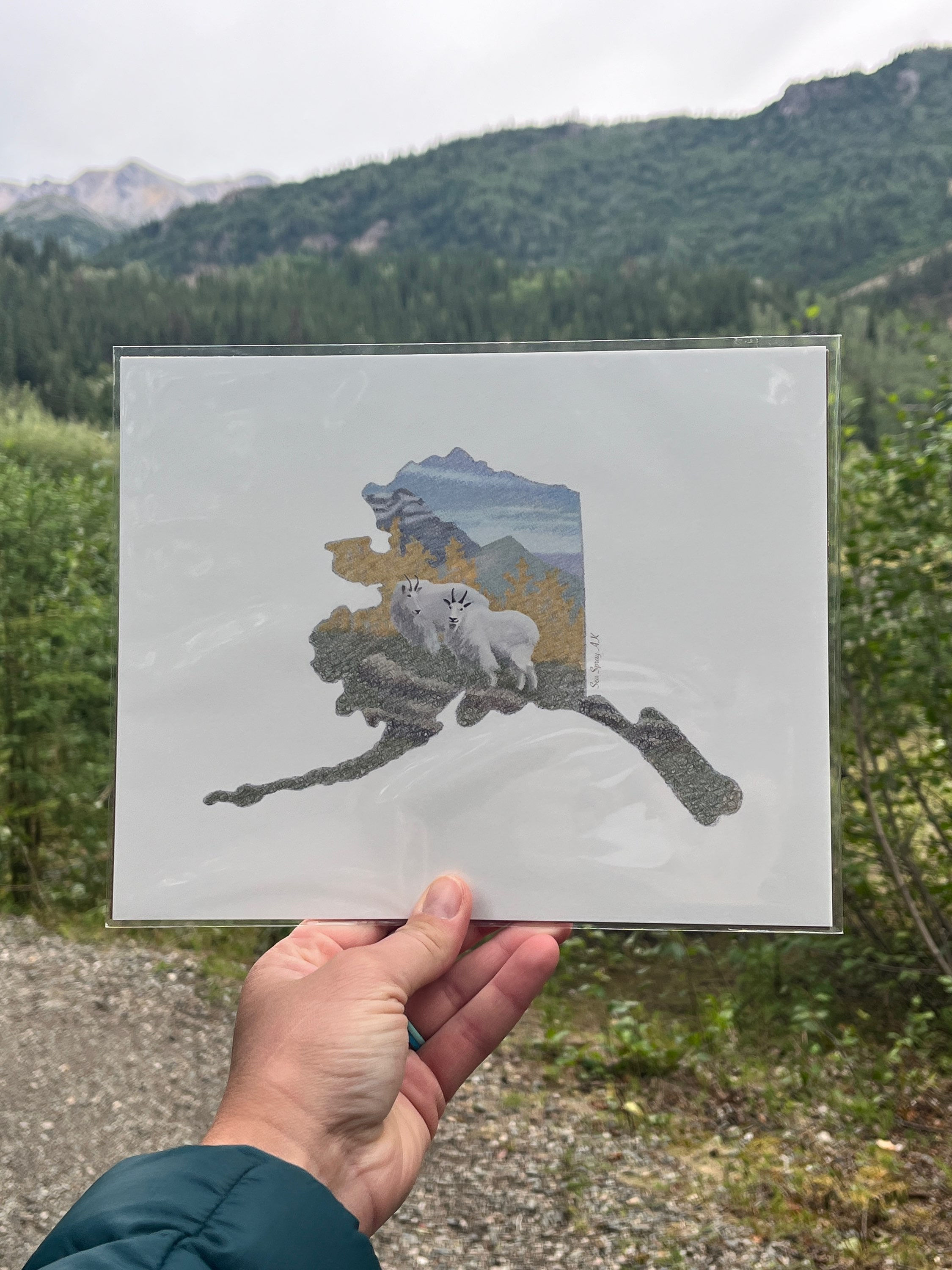 Alaska State Mountain Goat Autumn Color Wall Art, Cabin Art, Wildlife,