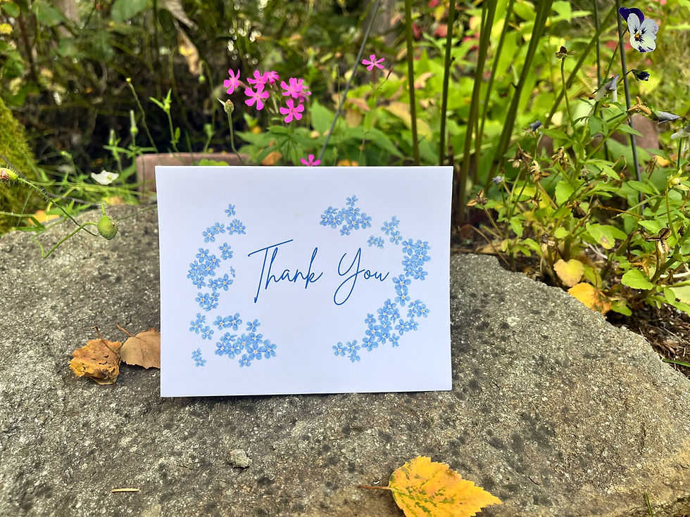 Thumbnail: A floral inspired thank you card with small blue flower blossoms covering the front