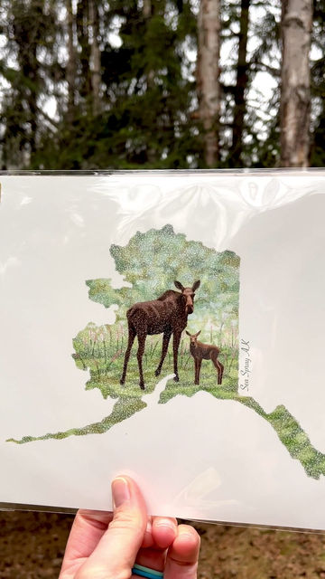 Thumbnail: Alaska Moose with Calf, Wildlife Art for Nursery, Denali National Park