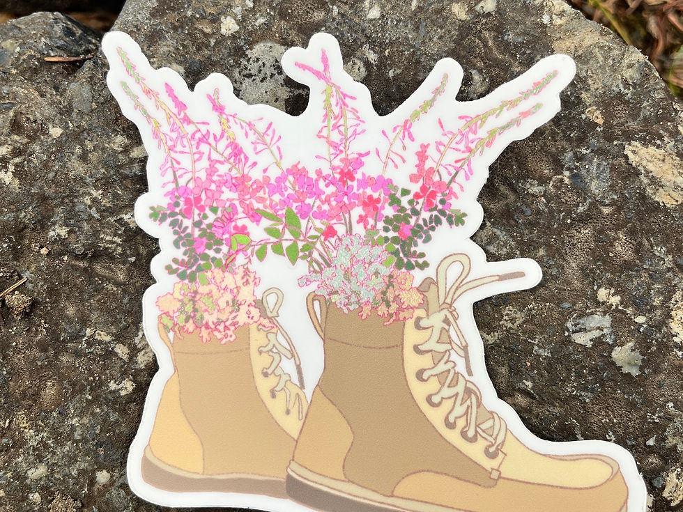 Thumbnail: Pink Fireweed Wild Flowers and Hiking Boots Vinyl Sticker, Laptop Sticker