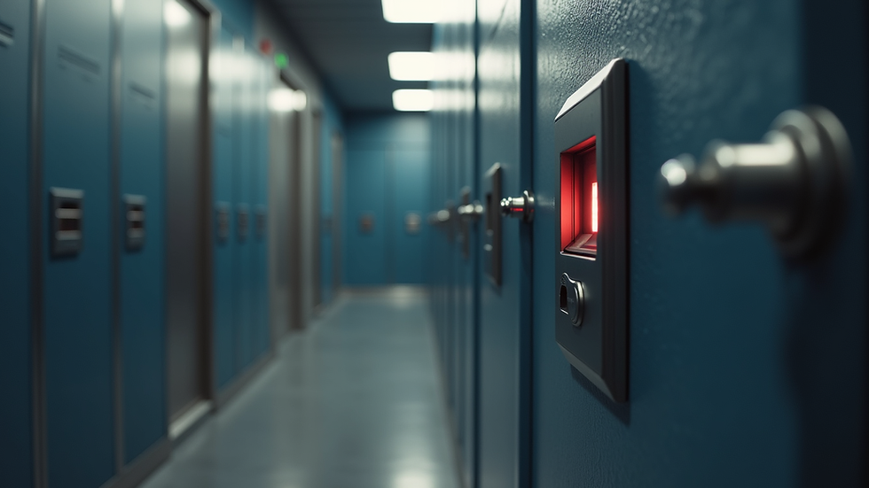 Eye-level view of a secure safe deposit locker door with biometric scanner