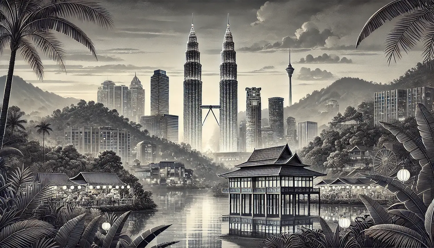 DALL·E 2025-01-24 11.06.55 - A grayscale illustration of Malaysia, highlighting its iconic