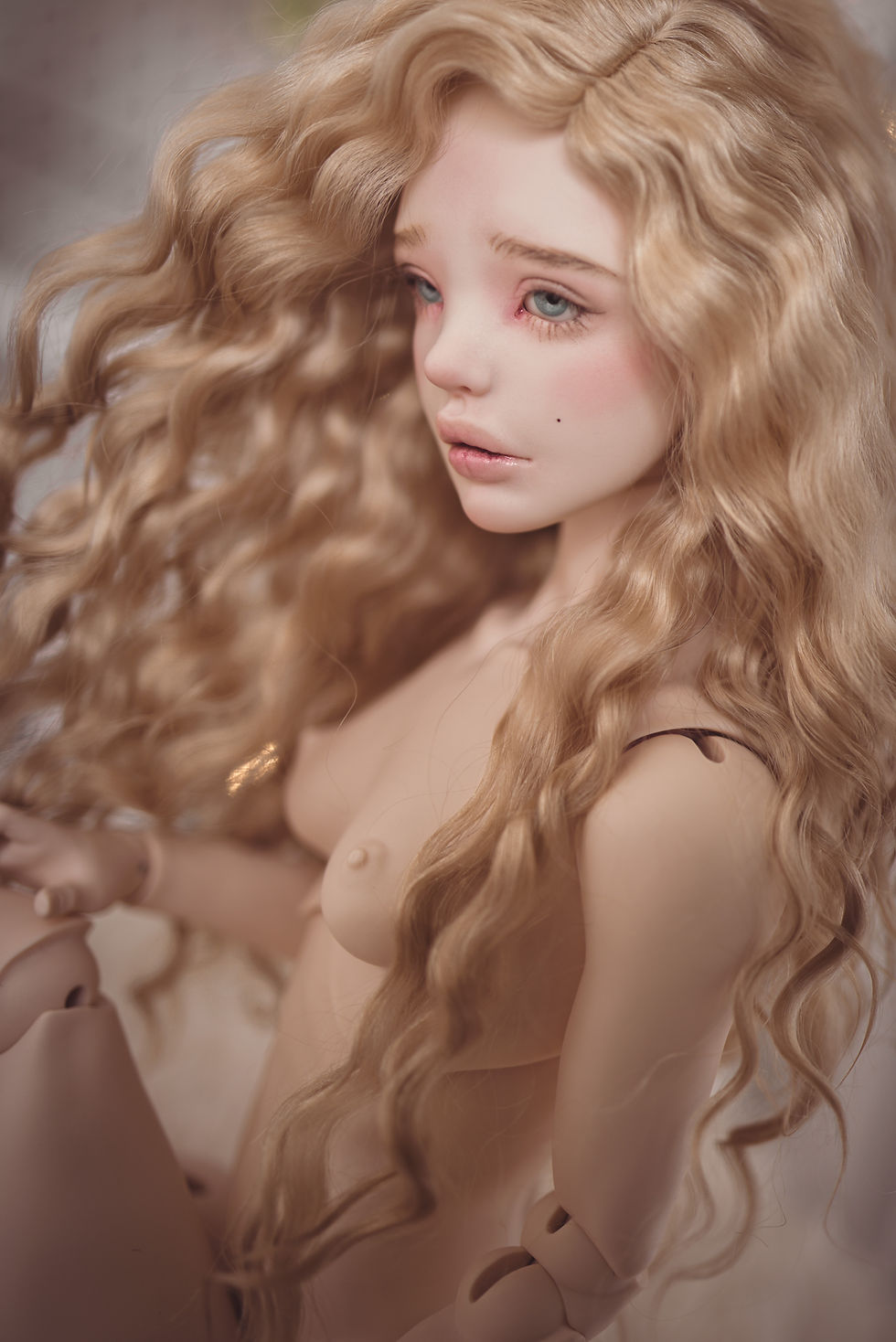 Thumbnail: Handmade angora goat hair wig with long curls.