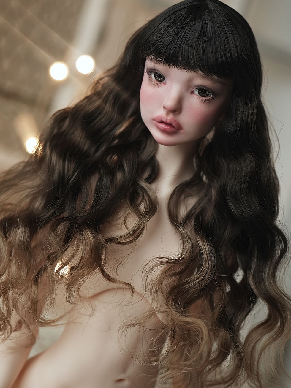 Thumbnail: Handmade angora goat hair wig with long waves and full bangs.