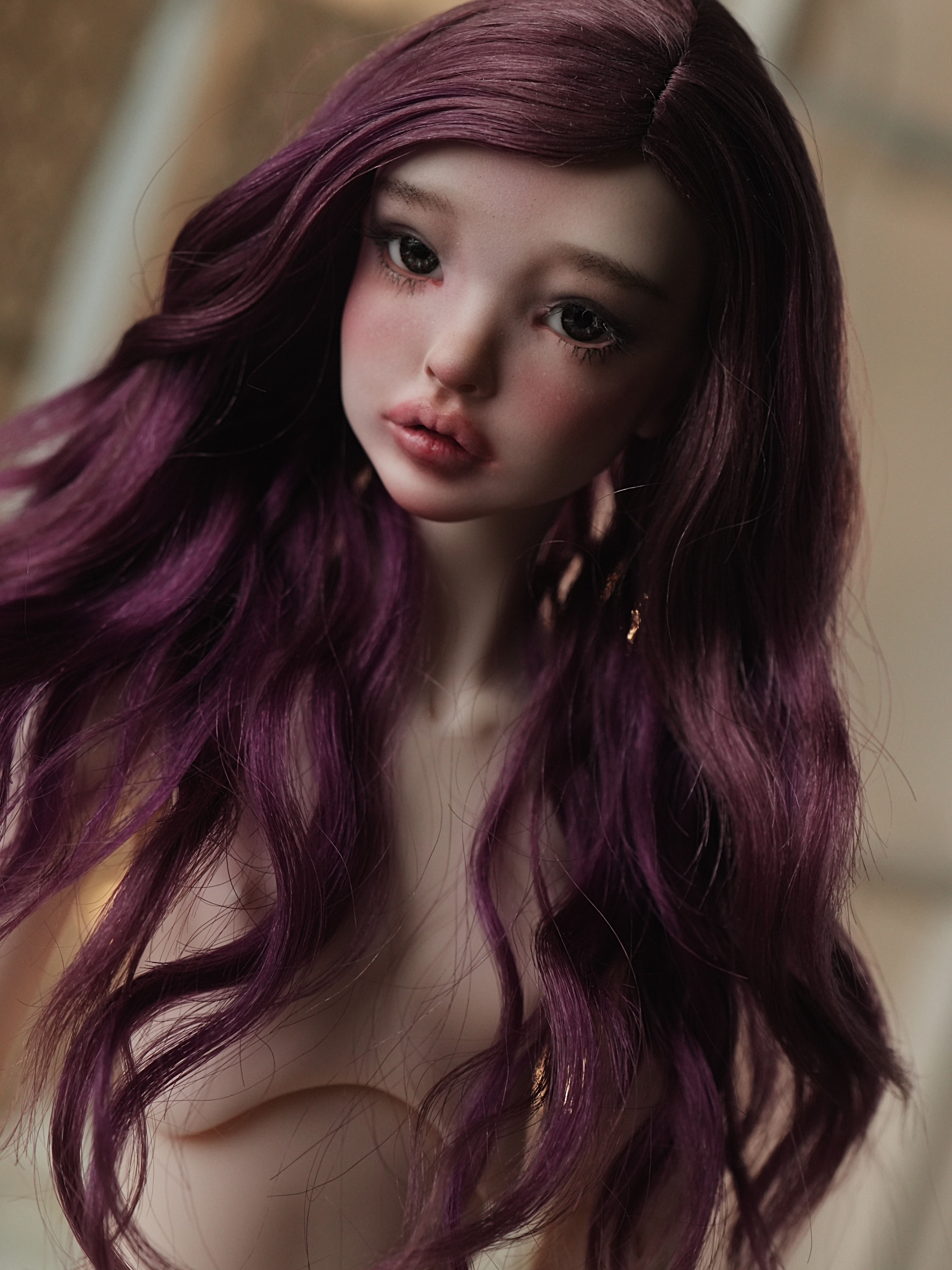 Handmade angora goat hair wig with medium-length shaggy waves.